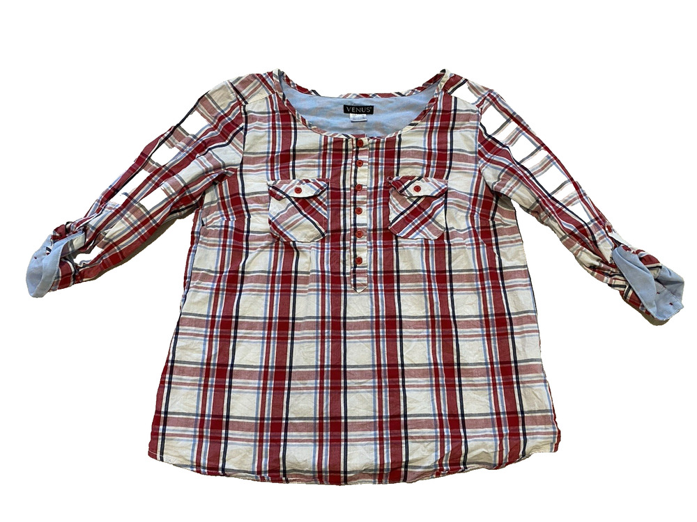 Venus Womens Top Size 6 White Red Plaid Preppy Minimalist Roll Tab 3/4 Sleeves